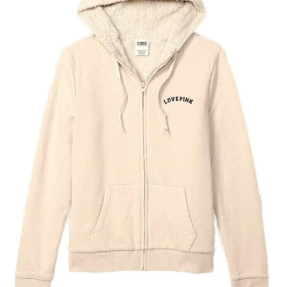 Victoria's Secret Pink Sherpa Lined Perfect Full Zip Hoodie Color Vanilla Size M